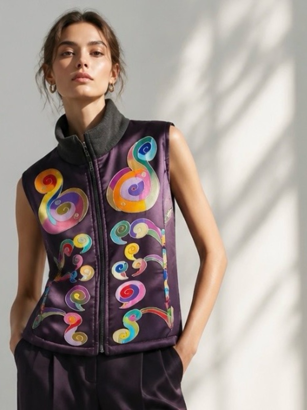 INVISIBLE WORLD 100% Silk Alaska Vest Purple Colorful Art To Wear Large